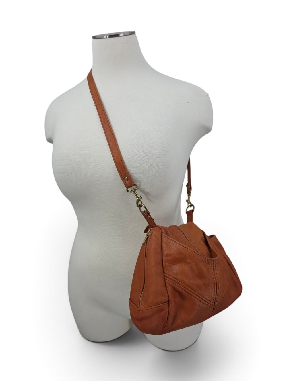 Vintage Victoria Co Leather Crossbody Bag in Cognac Brown Trapezoid Pyramid 70s